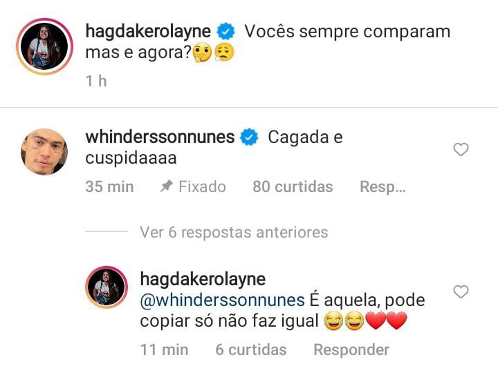 Hagda e Whindersson se divertem em comentários (Foto: Reprodução / Instagram)