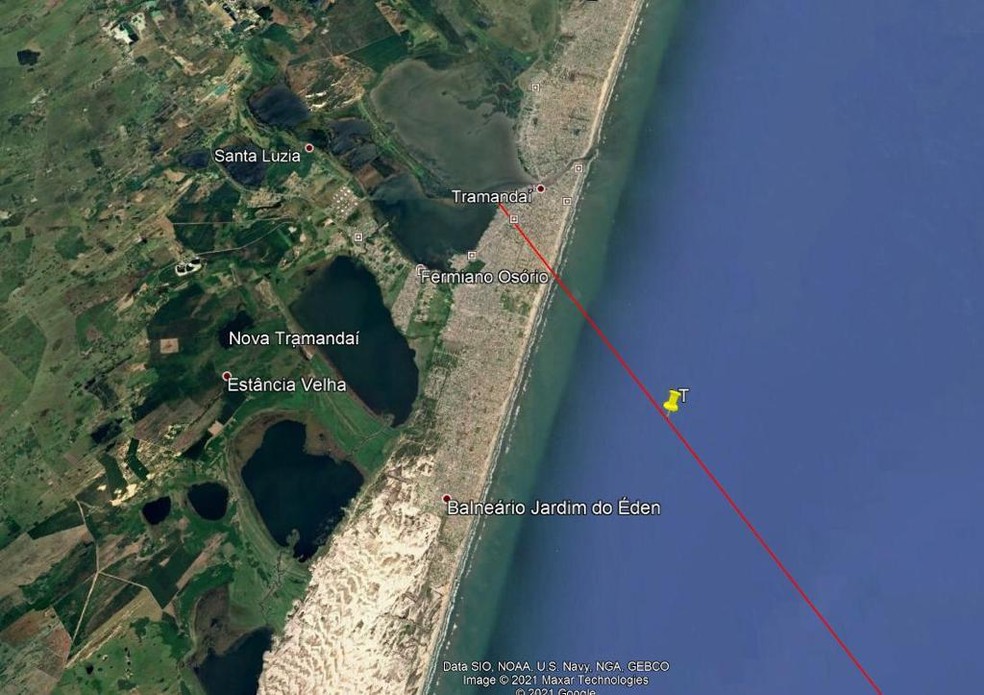 Segundo Jung, fragmentos do meteoro podem ter caído nessa faixa, em Tramandaí. — Foto: Observatório Espacial Heller&Jung/Divulgação