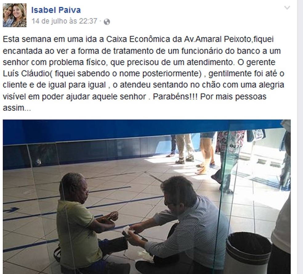  Postagem de professora mostrando bom exemplo de gerente bancário viralizou (Foto: Reprodução/Facebook)