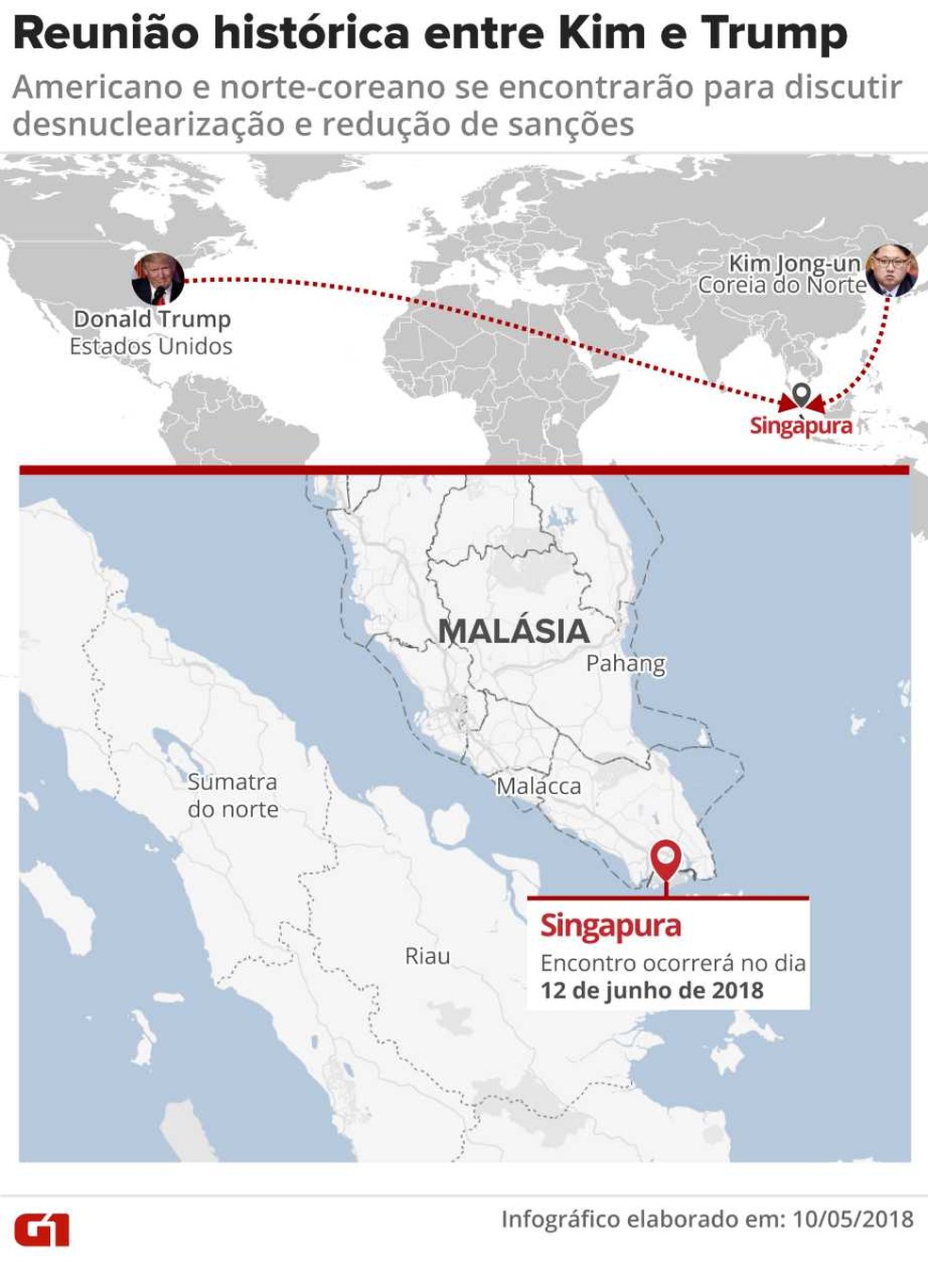 Mapa mostra onde ser reunio de Kim e Trump (Foto: Infogrfico: Juliane Monteiro/G1)