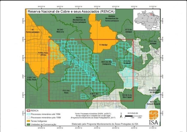 Mapa mostra sobreposição entre a Renca e unidades de conservação, como a Terra Indígena Wajãpi e a Terra Indígena Paru d'Este (Foto: ISA/Via BBC News Brasil)
