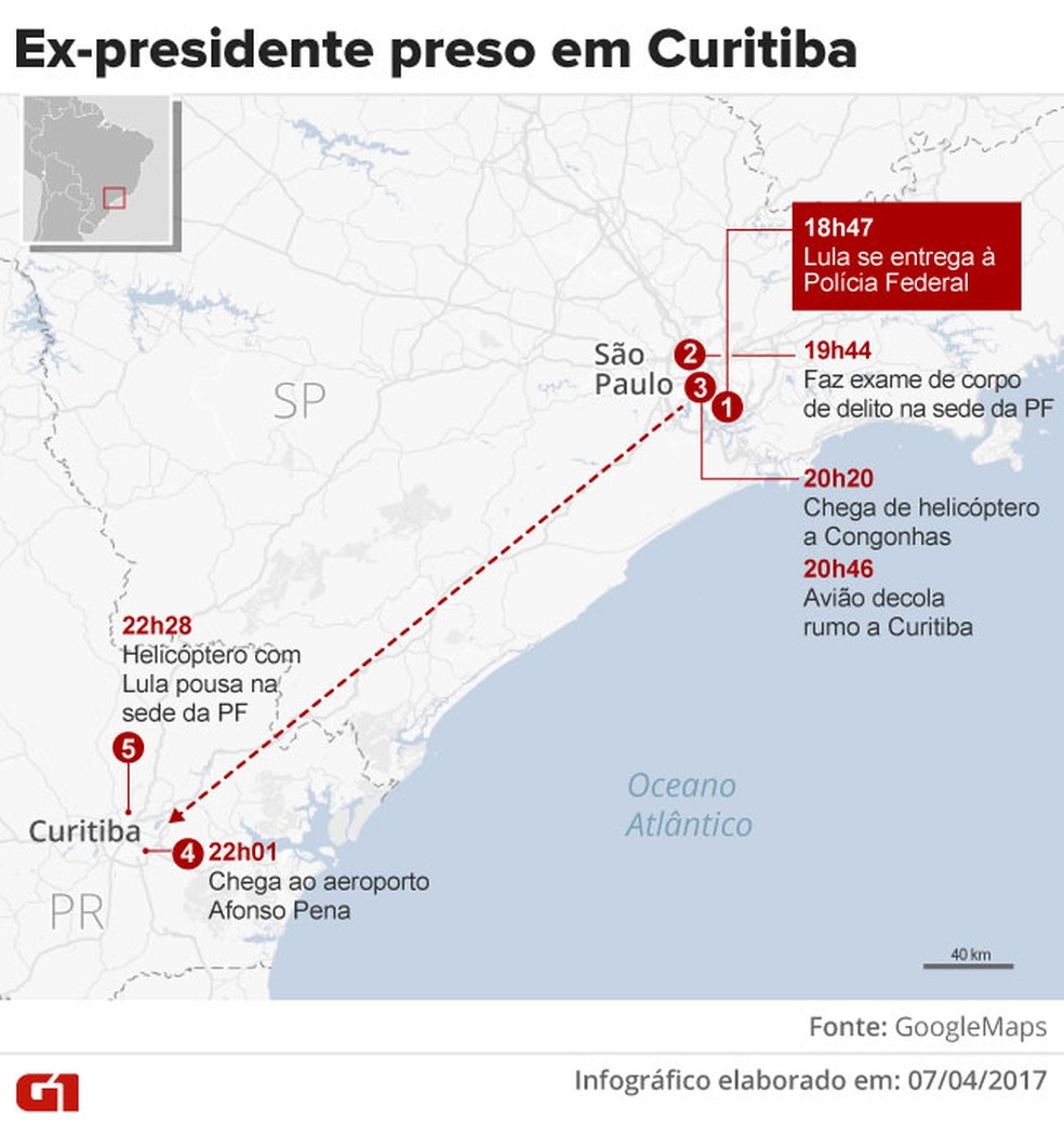 Lula se entrega Ã  PF e Ã© levado de aviÃ£o para Curitiba (Foto: Infografia: Rodrigo Cunha/G1)