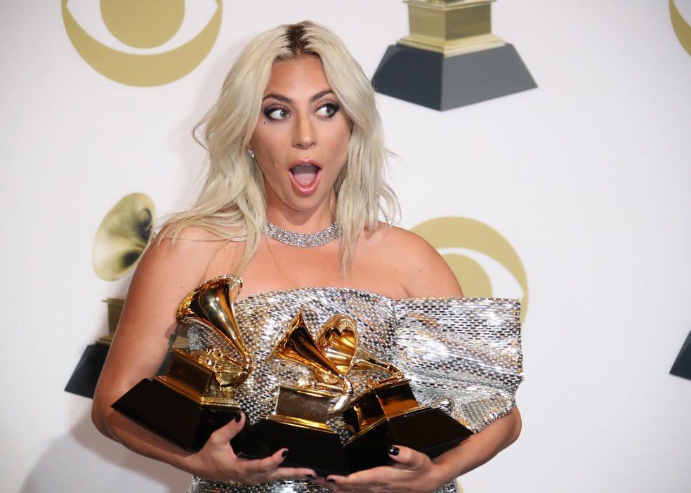 Lady Gaga venceu trÃªs Grammys em fevereiro de 2019 â Foto: Dan MacMedan/Getty Images