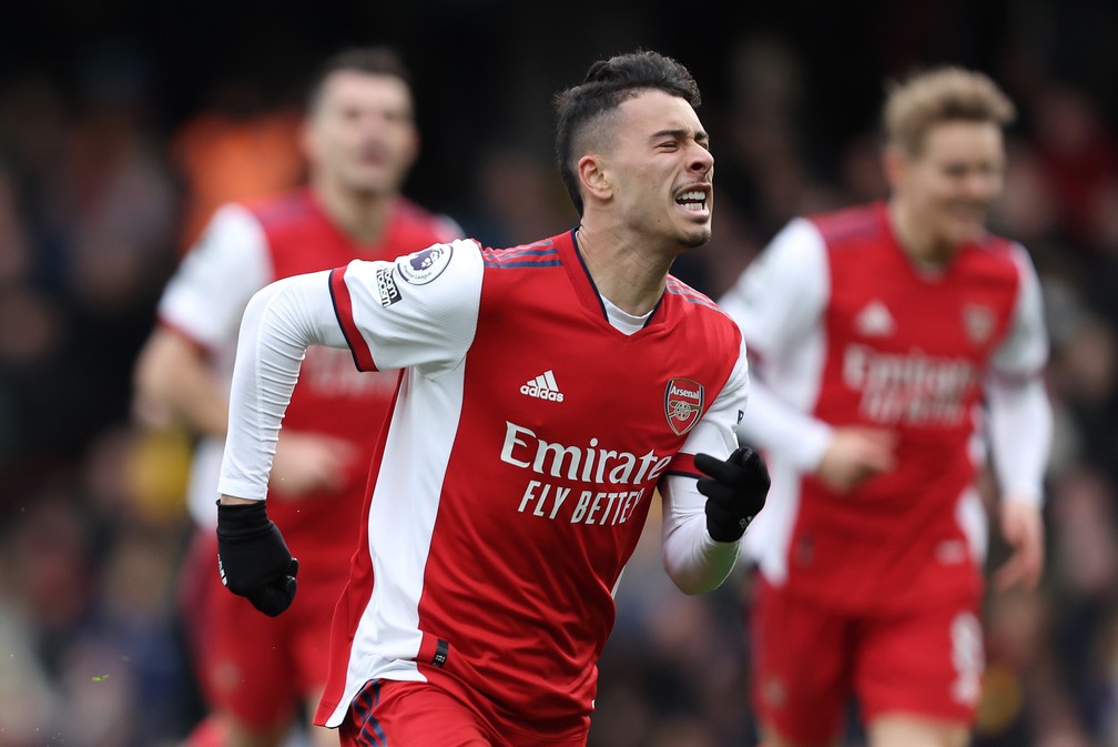 Gabriel Martinelli comemora gol marcado pelo Arsenal no Campeonato Inglês — Foto: Getty Images