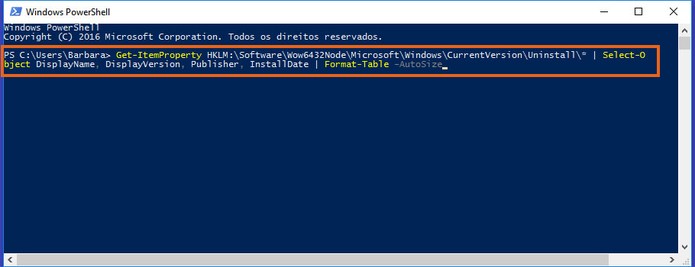 Digite o comando no Windows PowerShell para gerar a lista de programas (Foto: Reprodução/Barbara Mannara)