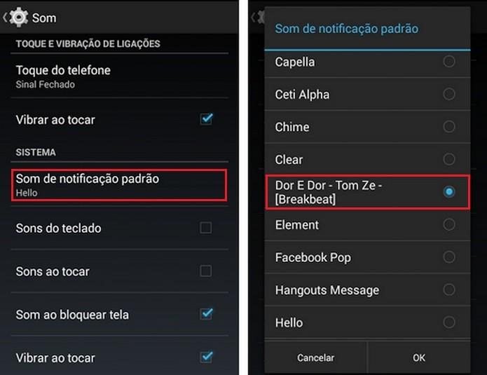 Destaques para opções que alteram o toque de notificação no Android (Foto: Reprodução/Raquel Freire)