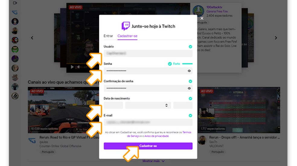 Complete o formulário da Twitch com todas as informações para criar sua conta a ser vinculada com a da Riot Games para Valorant — Foto: Reprodução/Rafael Monteiro