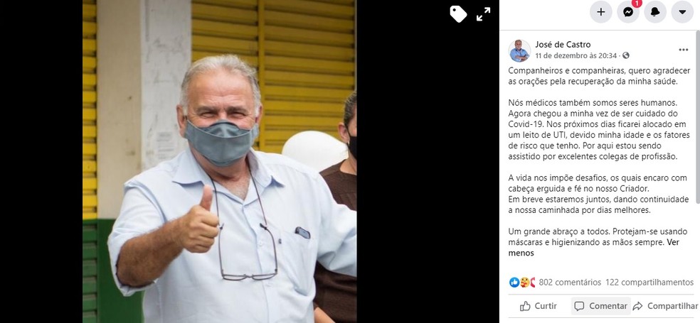 Dr. José de Castro, vítima da Covid-19, publicou mensagem nas redes sociais agradecendo orações e pedindo que população se proteja em Conceição de Macabu, no RJ — Foto: Reprodução/Facebook