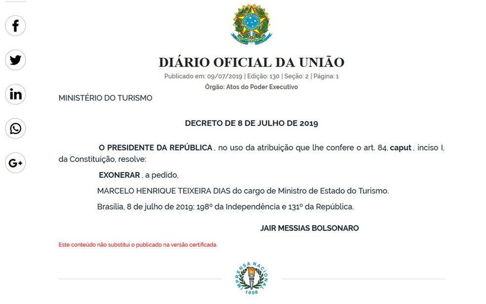 Exoneração de Marcelo Henrique Teixeira, conhecido por Marcelo Álvaro antônio — Foto: Reprodução / Diário Oficial da União