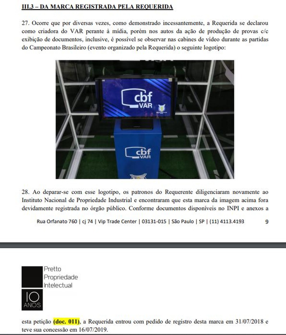 Trecho da ação de boliviano diz que CBF registrou marca do VAR no Instituto Nacional de Propriedade Industrial — Foto: Reprodução