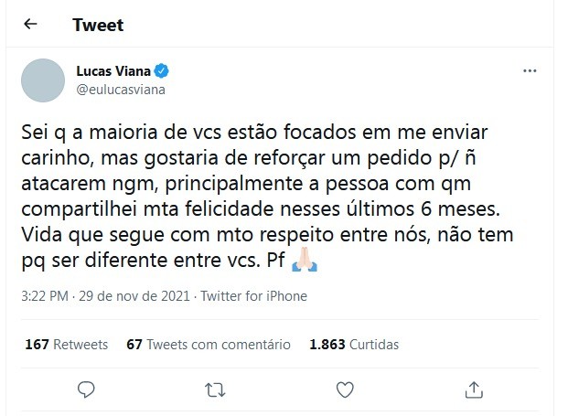 Lucas Viana confirma fim de namoro com Sarah (Foto: Reprodução/Twitter)