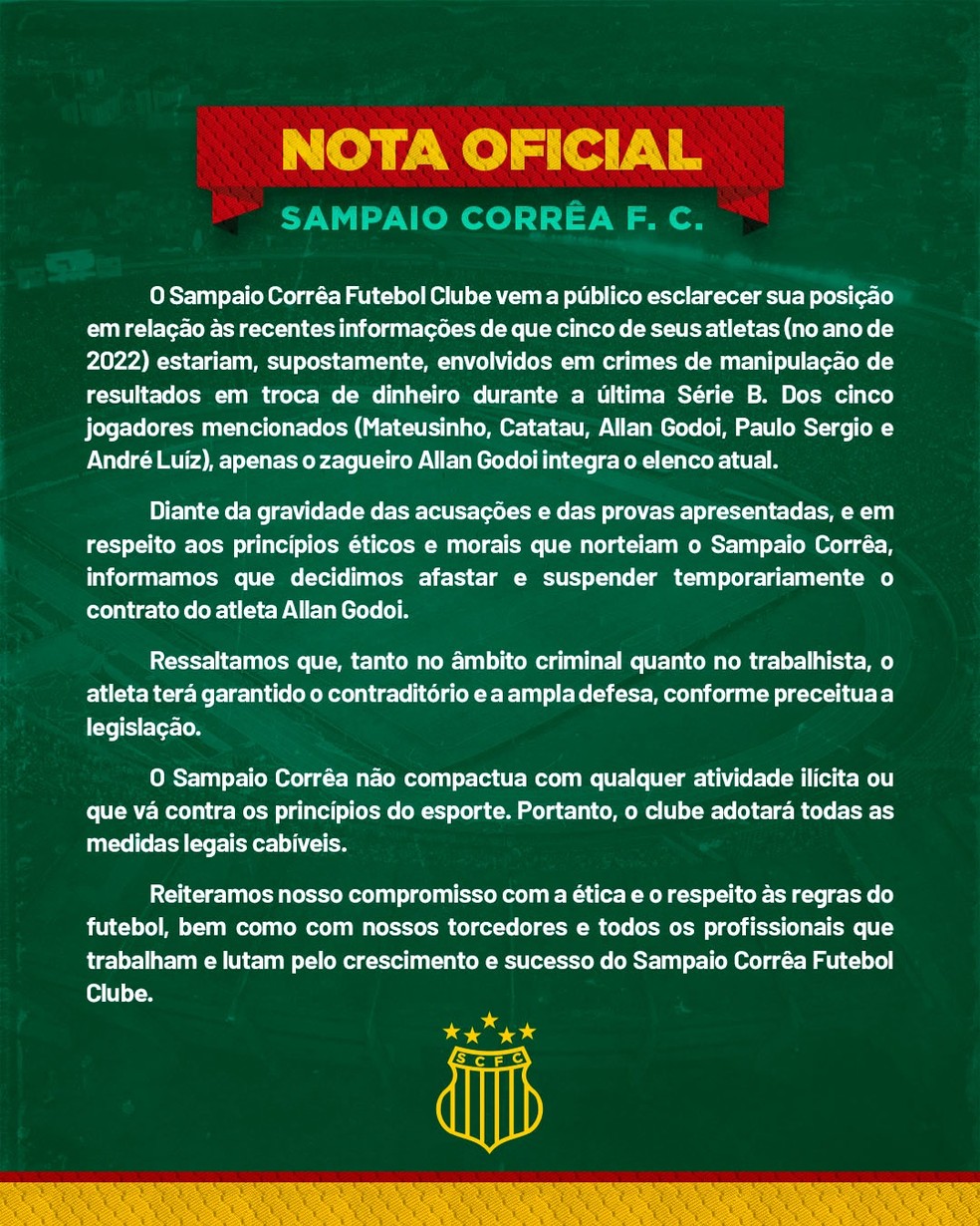 Nota do Sampaio sobre afastamento do zagueiro Allan Godói — Foto: Divulgação / Sampaio