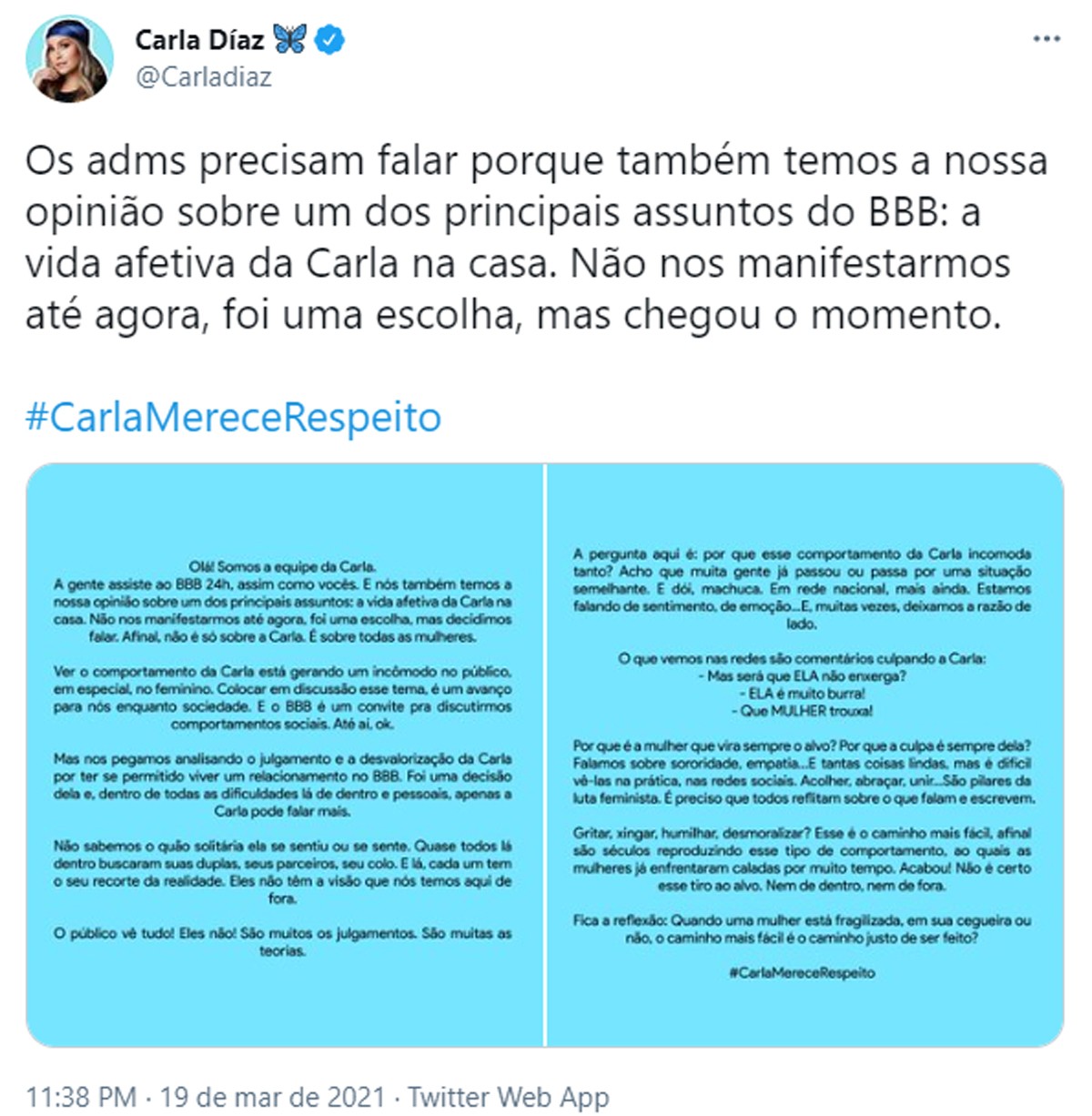 Equipe de Carla Diaz se manifesta sobre vida amorosa da atriz no BBB21 (Foto: Reprodução/Twitter)