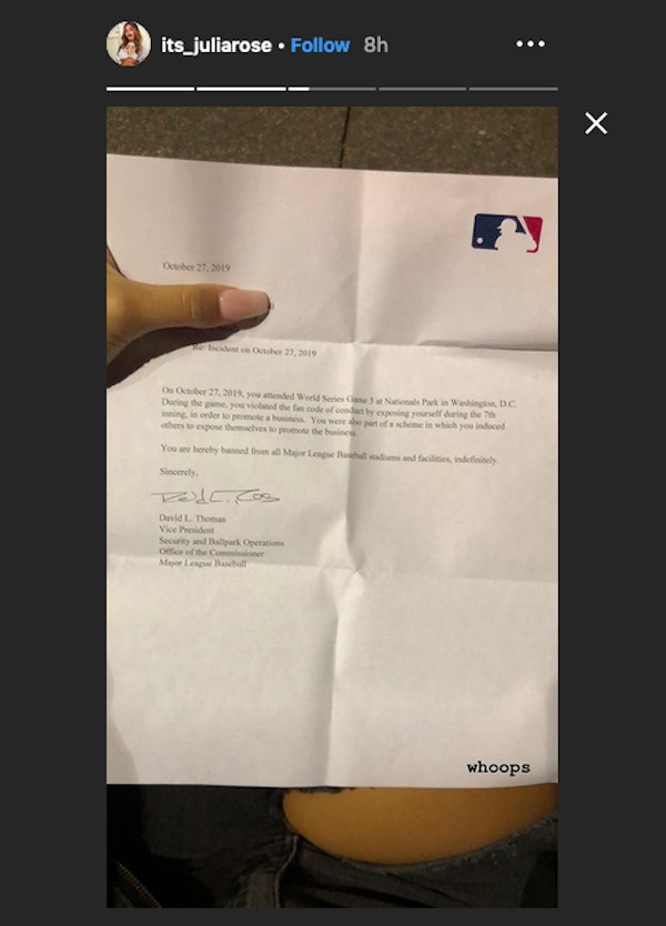 A carta da Major League Beiseball informando o banimento das influencers Lauren Summer e Julia Rose (Foto: Instagram)