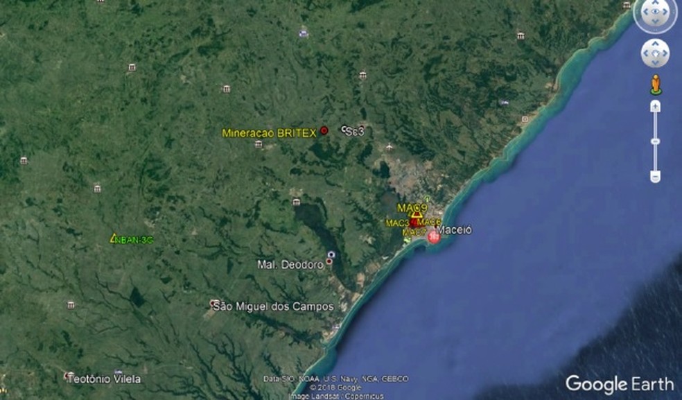Mapa de localização mostra a posição da estação NBAN (triângulo amarelo) e a localização preliminar representado por um círculo branco (Sc3). — Foto: Google Earth