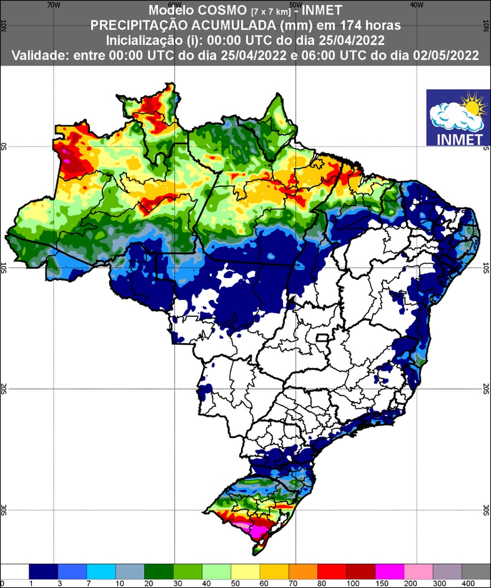 Previsão de chuva entre 25 de abril e 2 de maio — Foto: Inmet