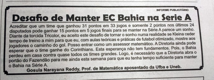 Anúncio de professor para ser técnico do Bahia (Foto: Reprodução)