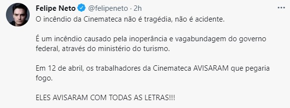 Famosos lamentam nas redes sociais o incêndio da Cinemateca (Foto: Reprodução/Twitter)