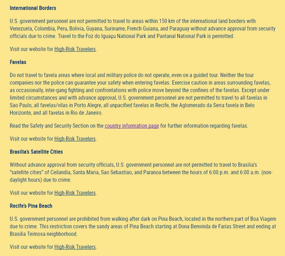 Comunidado do Departamento de Estado dos Estados Unidos sobre áreas de risco no Brasil foi publicado na quarta-feira (10) (Foto: Reprodução/Departamento de Estado dos Estados Unidos)