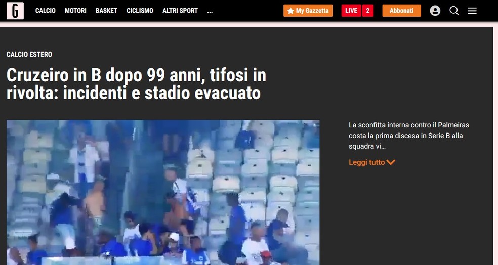 La Gazzeta dello Sport, da Itália, sobre a queda do Cruzeiro — Foto: Reprodução