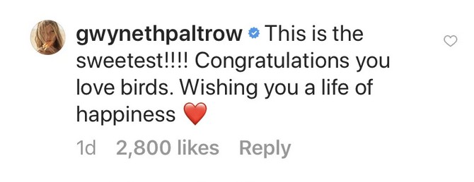 A mensagem deixada pela atriz Gwyneth Paltrow na foto de Chris Pratt e Katherine Schwarzenegger (Foto: Instagram)