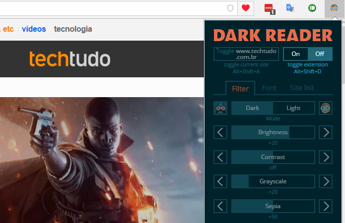 Dark Reader permite controle detalhado para escurecer tela (Foto: Reprodução/Paulo Alves)