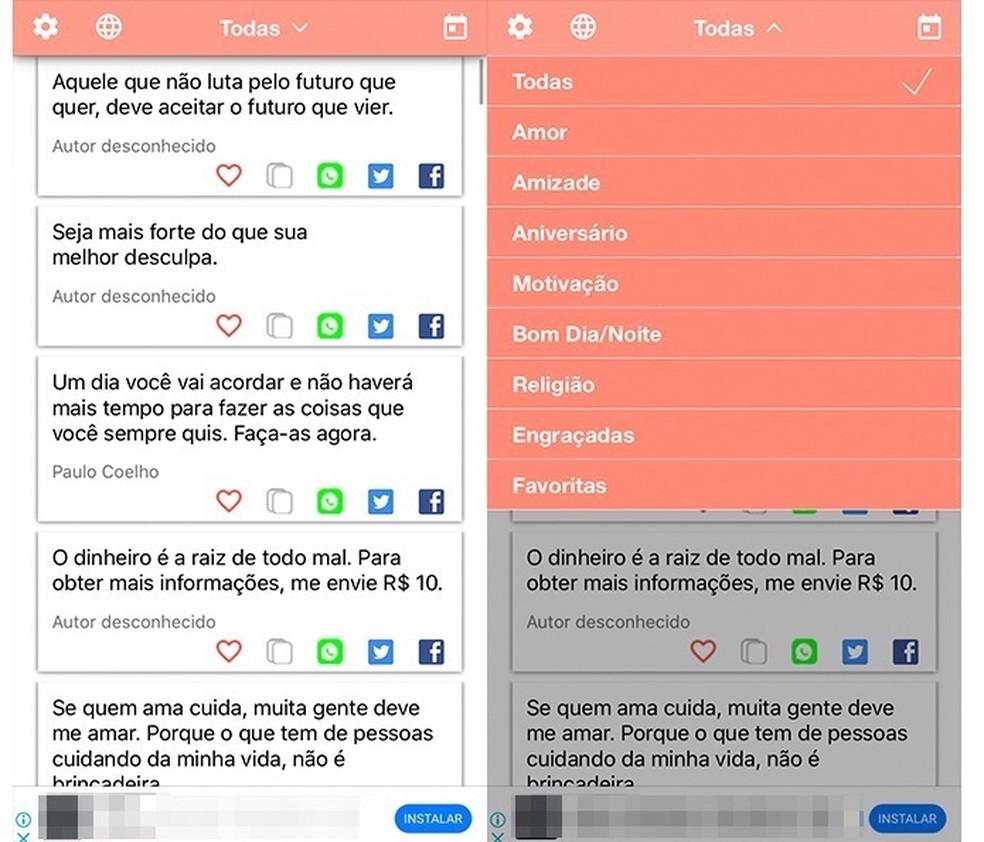 Mensagens e Frases é um aplicativo para iPhone que oferece frases para status do WhatsApp — Foto: Reprodução/Marvin Costa