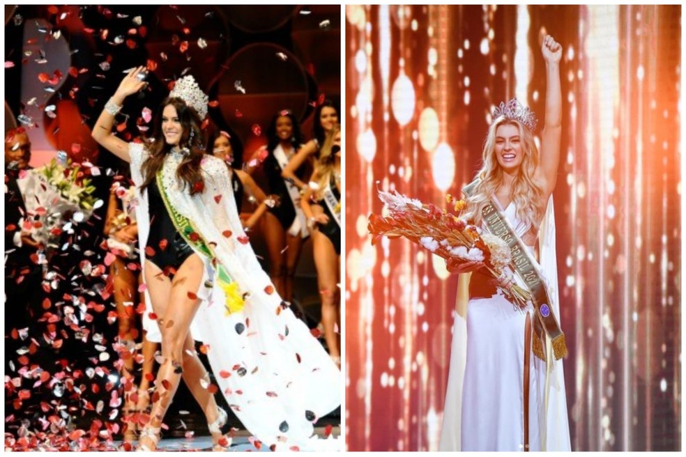 Melissa Gurgel no Miss Brasil 2014, e Teresa Santos, vencedora do concurso em 2021. — Foto: Arquivo pessoal