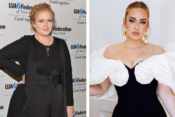 Adele em registro de 2014; a cantora em clique recente  (Foto: Getty Images/ Reprodução/Instagram)