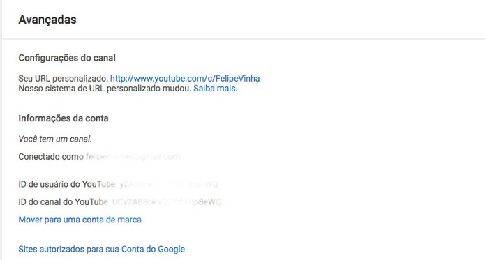 Configurações da página do YouTube (Foto: Reprodução/Felipe Vinha)