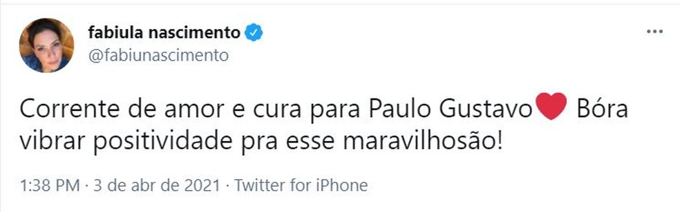'Corrente de amor e cura', diz atriz Fabiula Nascimento sobre Paulo Gustavo — Foto: Reprodução/Twitter