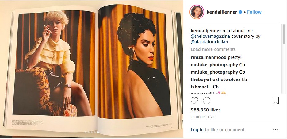 A modelo Kendall Jenner em uma das fotos de seu ensaio para a revista LOVE (Foto: Instagram)