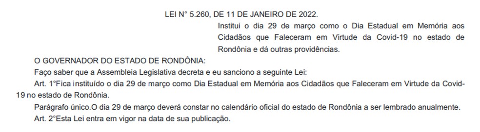 Rondônia  cria o dia estadual em memória às pessoas que morreram vítimas da Covid-19 — Foto: Diário Oficial/Reprodução 