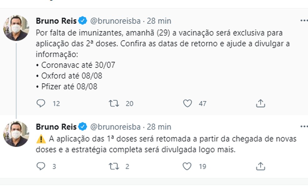 Bruno Reis anunciou nesta quinta-feira (29) que a imunização de primeira dose será suspensa na sexta (30) em Salvador— Foto: Reprodução/Redes Sociais
