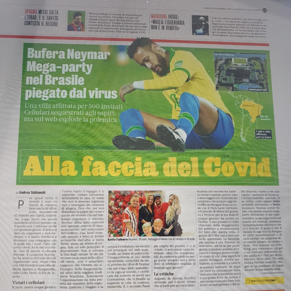 imagem gazzetta dello sport festa neymar — Foto: divulgação