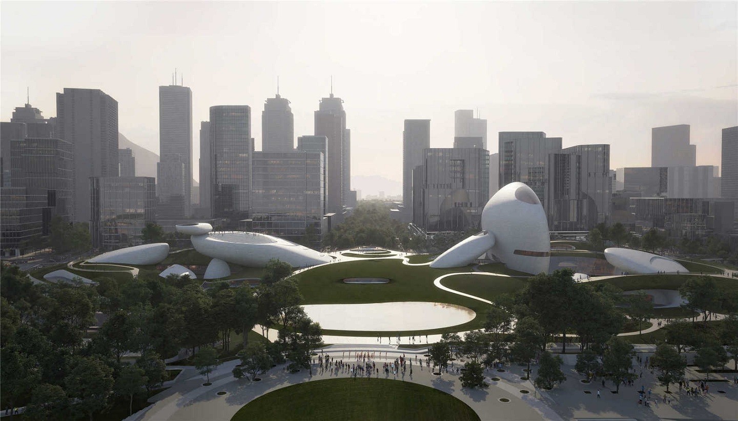 Parque cultural na China é projetado com estilo futurístico e complexos arredondados (Foto: Proloog)