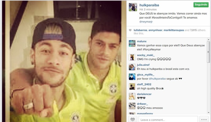 Hulk posta foto com Neymar e envia recado para o atacante (Foto: Reprodução/Instagram)