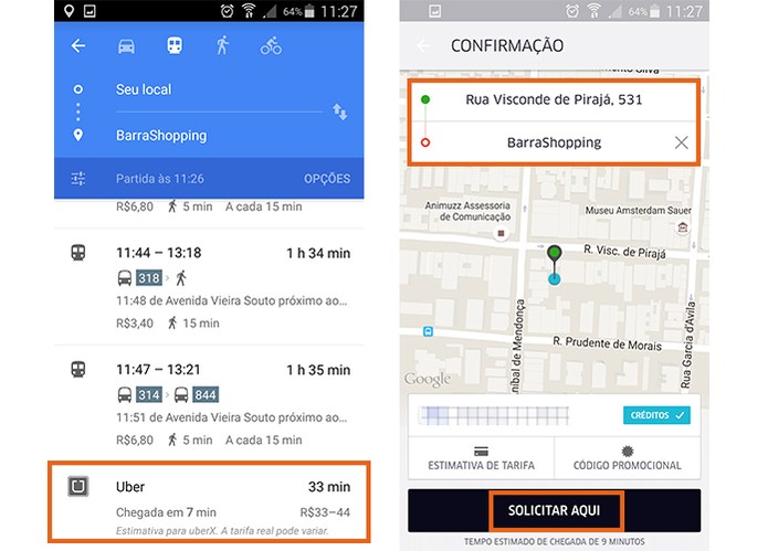Encontre a opção do Uber no Google Maps (Foto: Reprodução/Barbara Mannara)