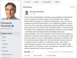 Postagem Fernando Pimentel, Três Corações, Edvânia Nayara (Foto: Reprodução/Facebook/Fernando Pimentel)