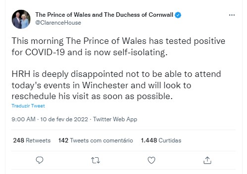 Príncipe Charles testa positivo para Covid-19 pela segunda vez e cancela compromissos (Foto: Reprodução/ Twitter)
