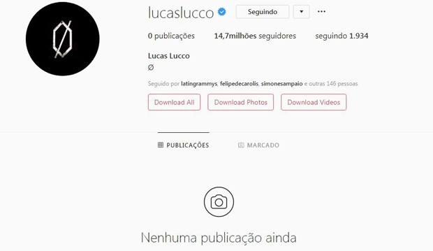 Instagram de Lucas Lucco sem nenhuma foto (Foto: Reprodução/Instagram)
