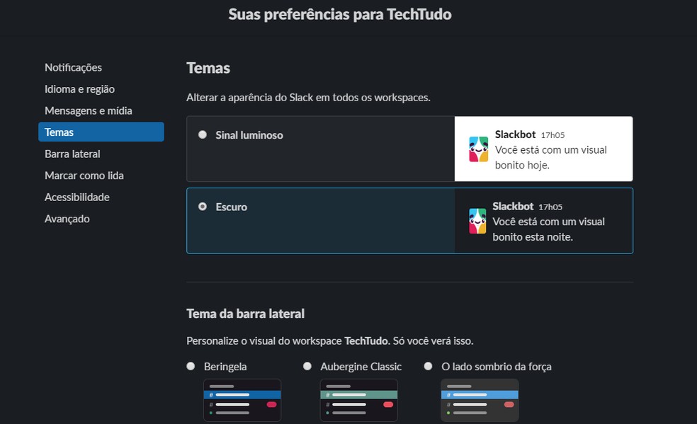 Slack liberou o Modo Noturno para desktop e versão web no computador — Foto: Reprodução/Rodrigo Fernandes