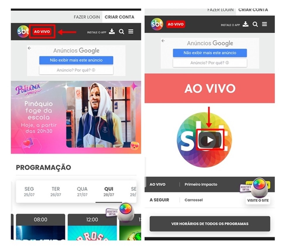 Brasil vs Colômbia pode ser assistido ao vivo e de graça no site do SBT pelo navegador do celular — Foto: Reprodução/Gabriela Andrade