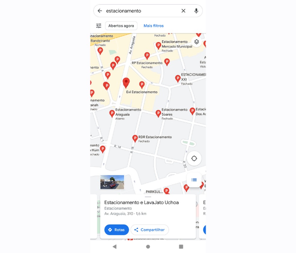 Google Maps mostra trajetos para o local de votação, além de listar os estacionamentos mais próximos; é importante também se atentar à horários de funcionamento, pois a votação acontece em um domingo, dia em que muitos estabelecimentos estão fechados. — Foto: Reprodução/Mariana Tralback