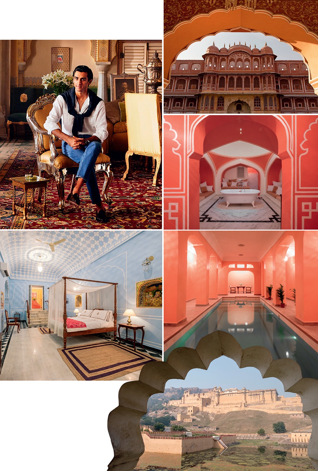 Jaipur: Em sentido horário, o marajá Padmanabh Singh, de apenas 21 anos; o Palácio da Cidade de Jaipur visto de fora; o banheiro e a piscina da Gudliya Suite; uma vista do Forte Amber; e o quarto palaciano disponível para hóspedes (Foto: divulgação e Getty Images)