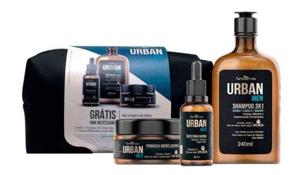 Kit Urban acompanha shampoo, pomada fixadora e óleo para cuidado com cabelos e barba (Foto: Divulgação/Urban)