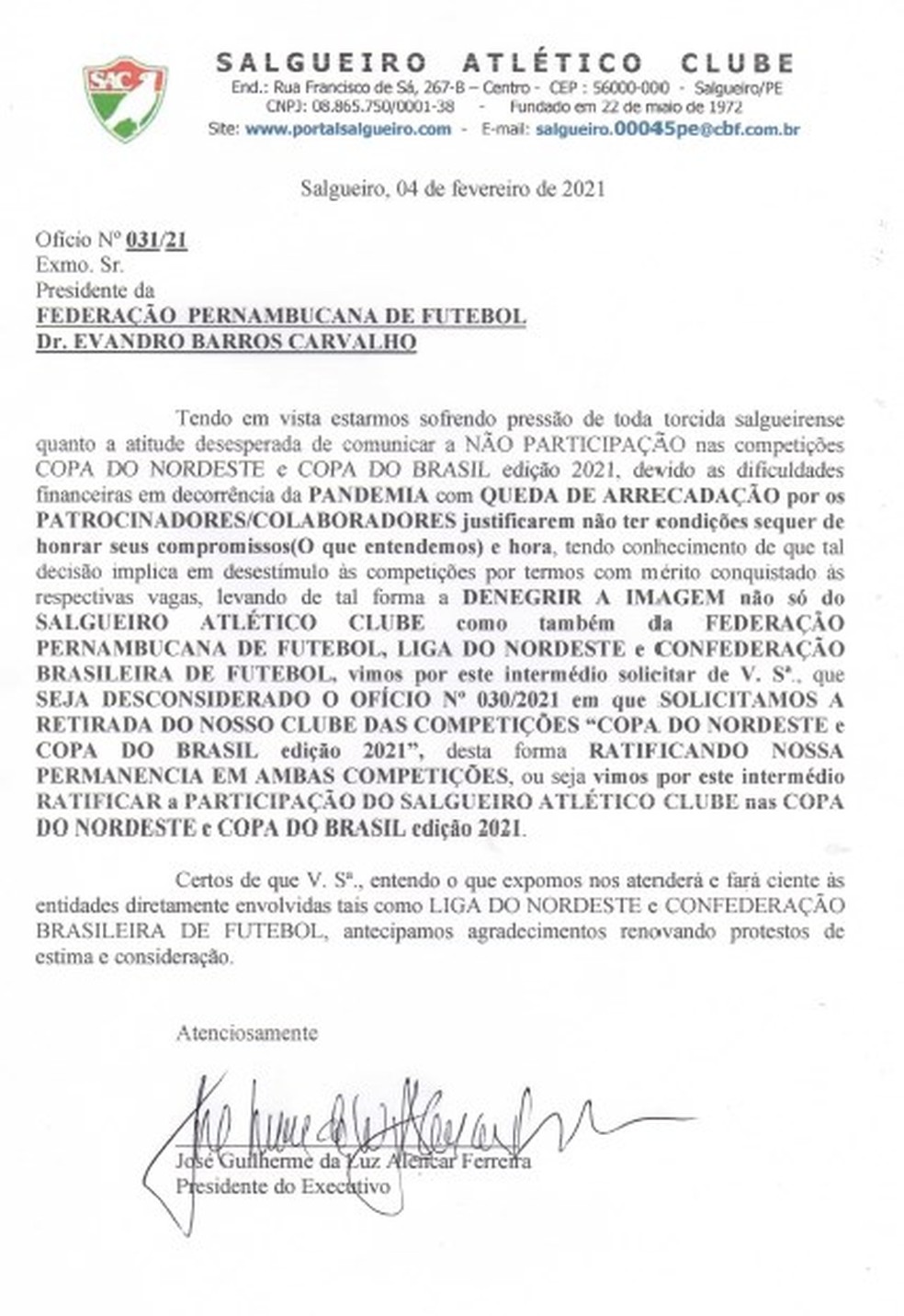 Ofício do Salgueiro encaminhado para a Federação Pernambucana recuando da decisão de não participar da Copa do Brasil e Copa do Nordeste — Foto: Reprodução