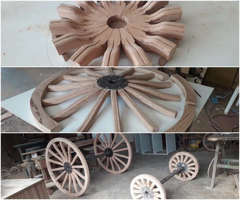 Rodas de madeira foram construídas pelo marceneiro de Santa Fé do Sul  — Foto: Arquivo Pessoal 
