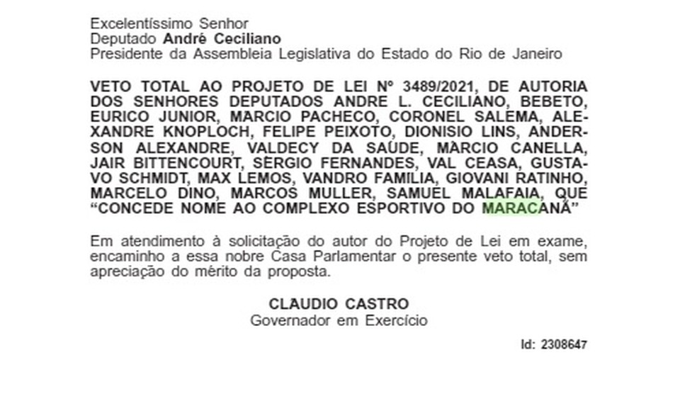 Trecho do Diário Oficial em que consta veto — Foto: Divulgação
