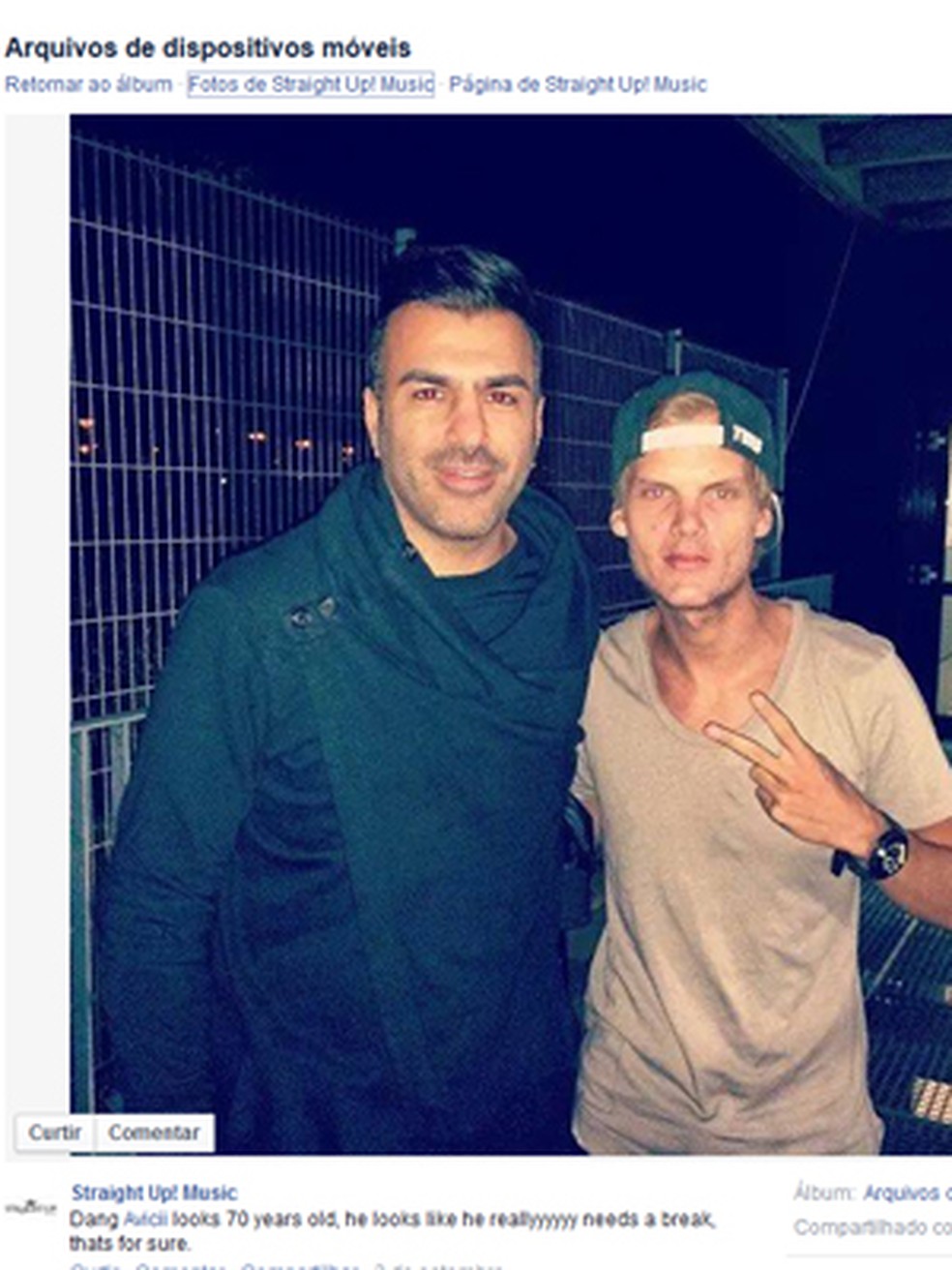 Foto com Avicii divulgada pela gravadora Straight up music! em 2014, que deixou os fãs preocupados (Foto: Reprodução/Facebook)